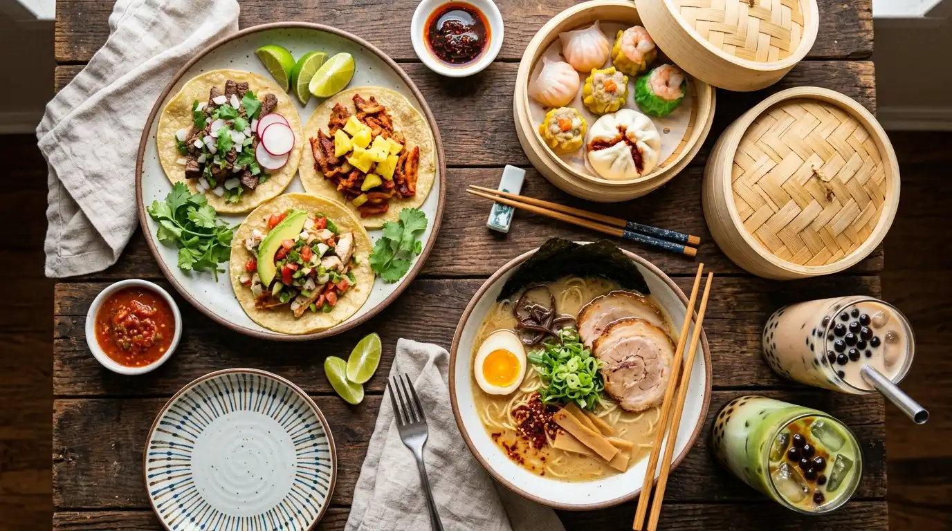 Colorful feast of street tacos
