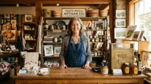 Shop owner standing behind counter